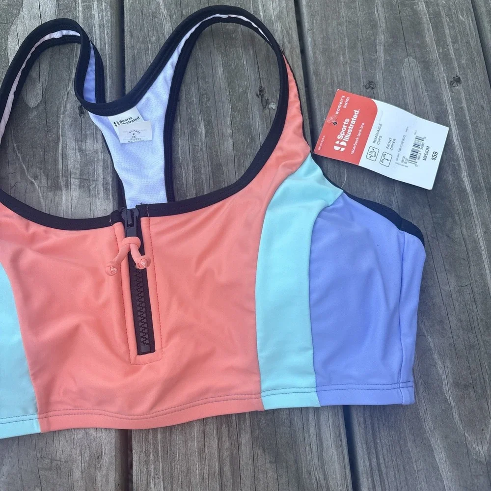 NWT Sports Illustrated Women's Athletic Bikini Top Zipper Removable Pads Size M